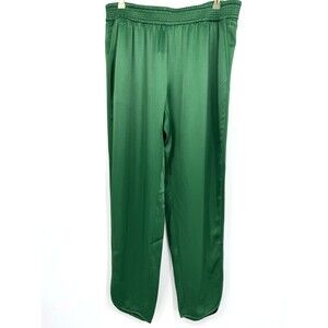 ZARA Satin Green Pullon Trousers Womens XXL Elastic Waist Slit Hems Lounge Pants